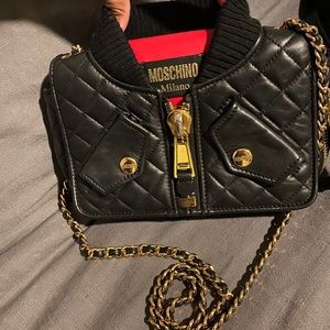 Black and red Moschino biker jacket crossbody bag